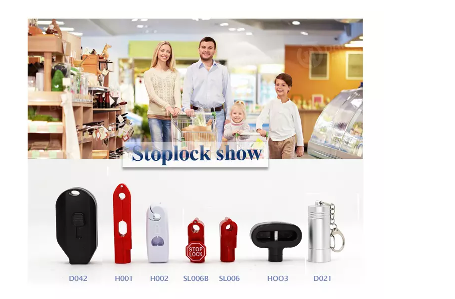 Various styles of anti-theft stoplocks for retail display hooks