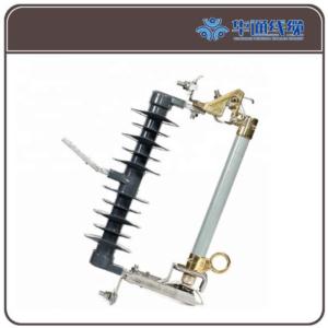 Single unit high voltage dropout fuse cutout with porcelain insulator and galvanized mounting bracket.