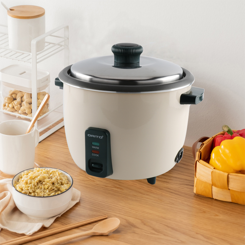 Rice cooker showing non-stick inner pot and keep-warm function