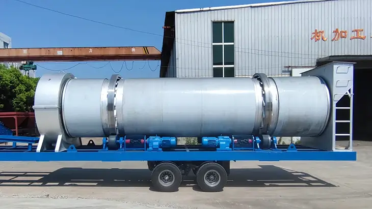 Mobile industrial drying drum with heavy-gauge steel construction and support rollers