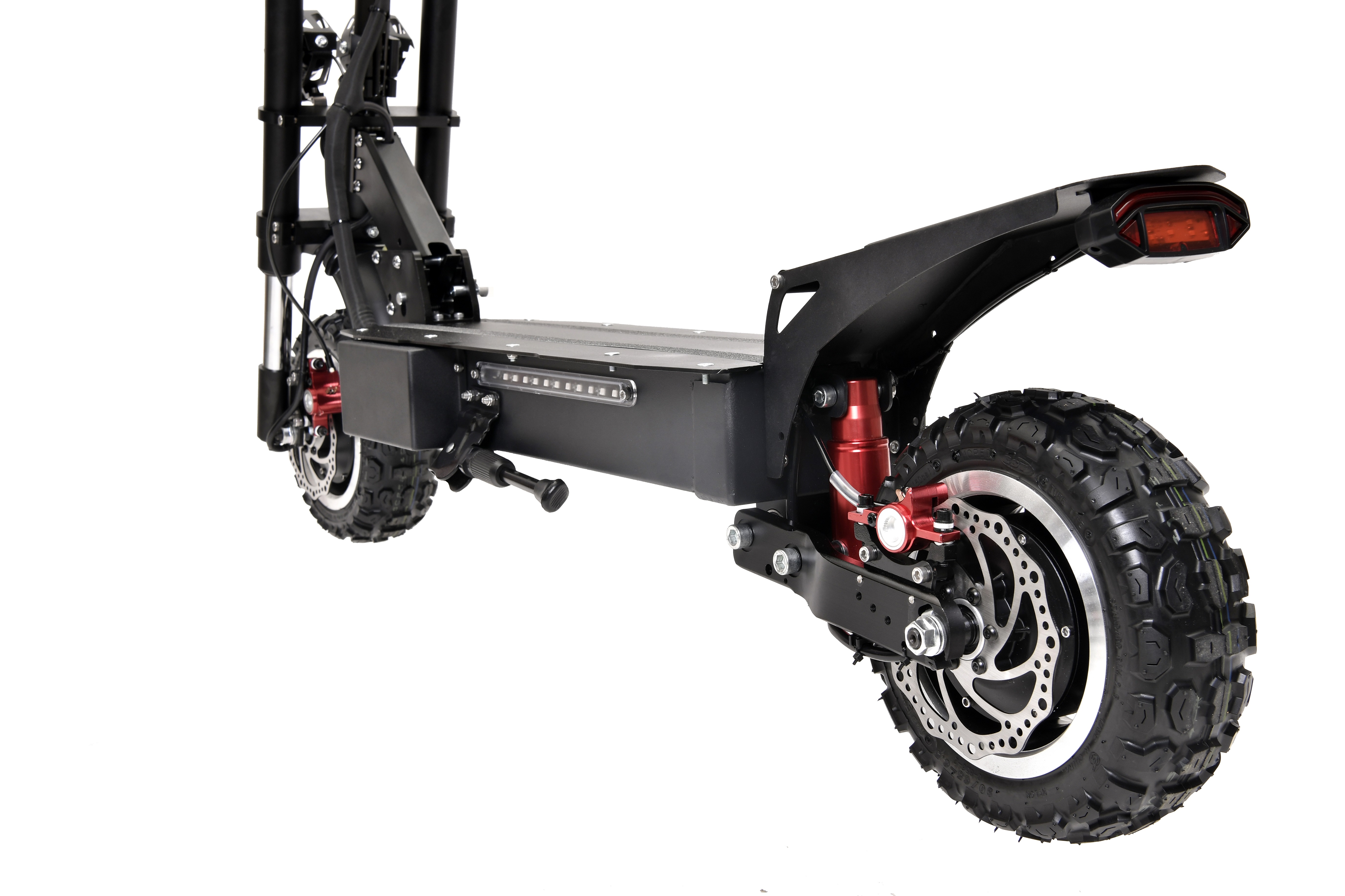 Close up of the scooter suspension and braking components
