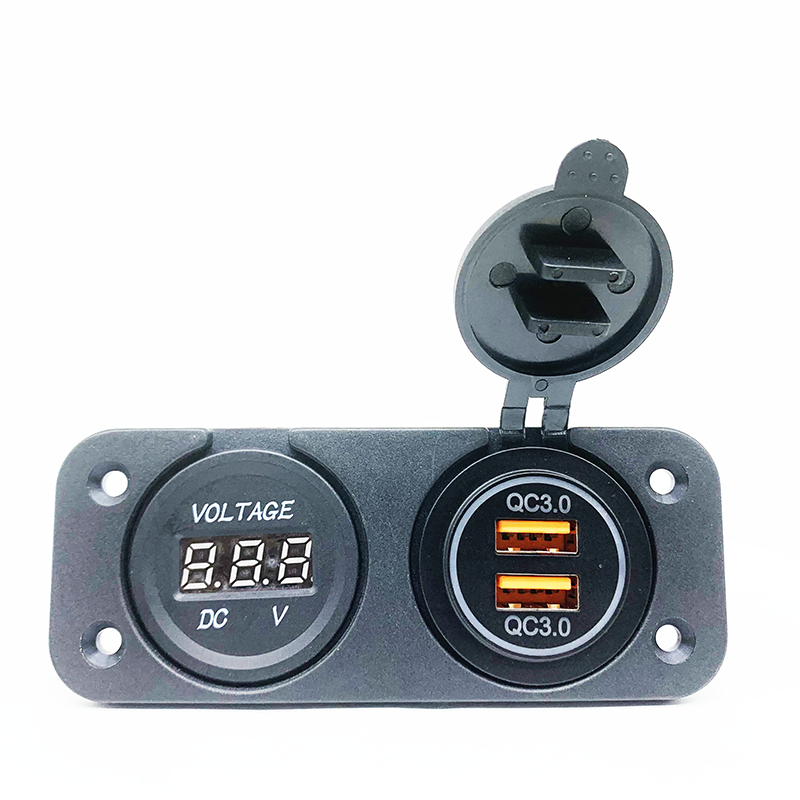 Front view of the dual USB charger and voltmeter panel