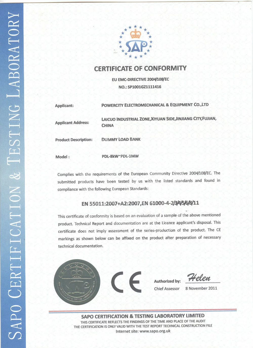 Certificate of Conformity for Dummy Load Bank
