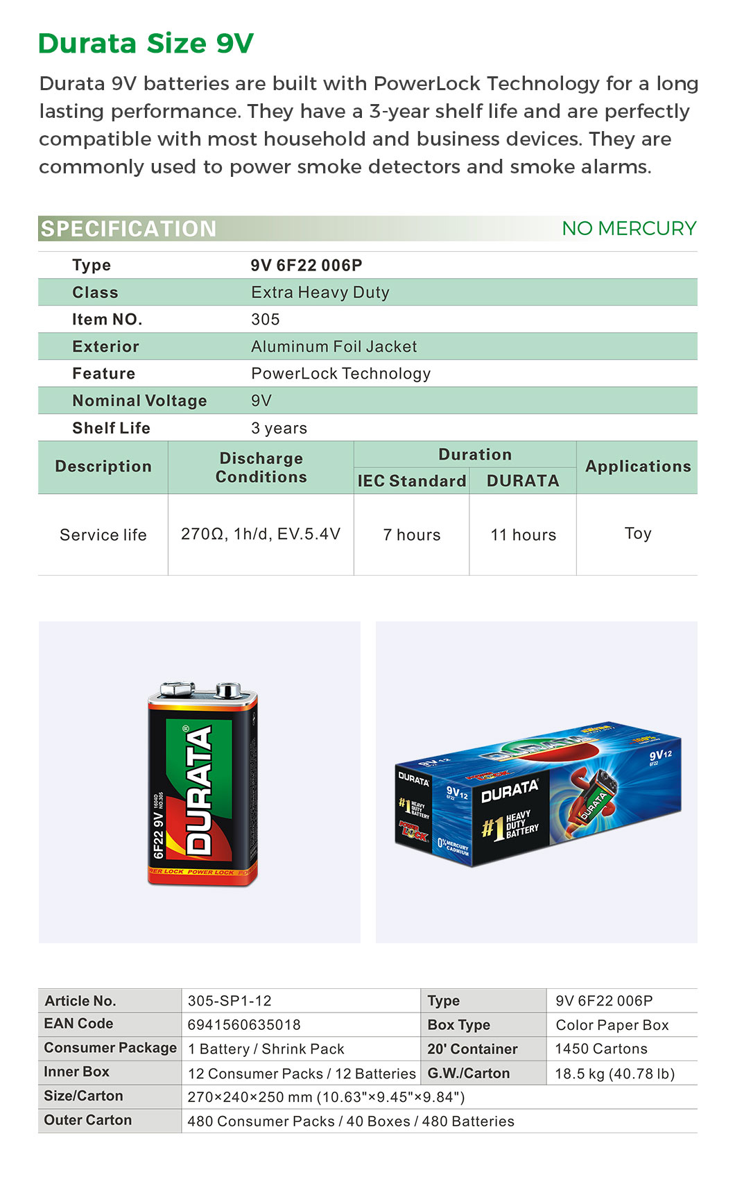 9V battery specifications and packaging details