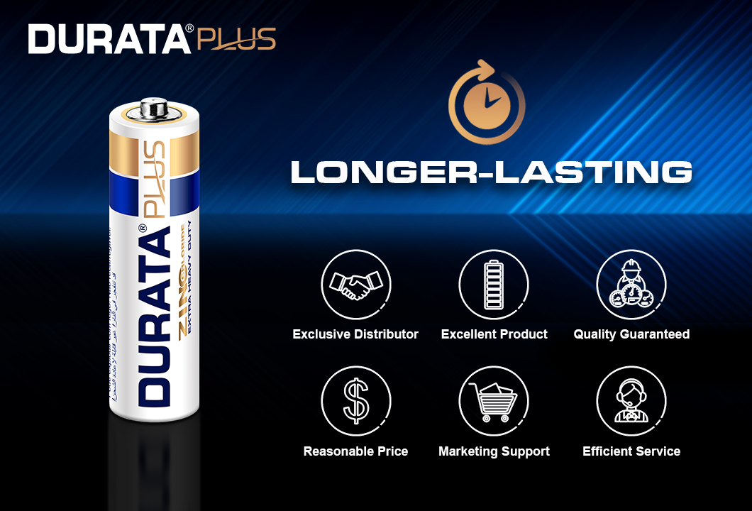 Durata Plus AA battery packaging showing extra heavy duty branding
