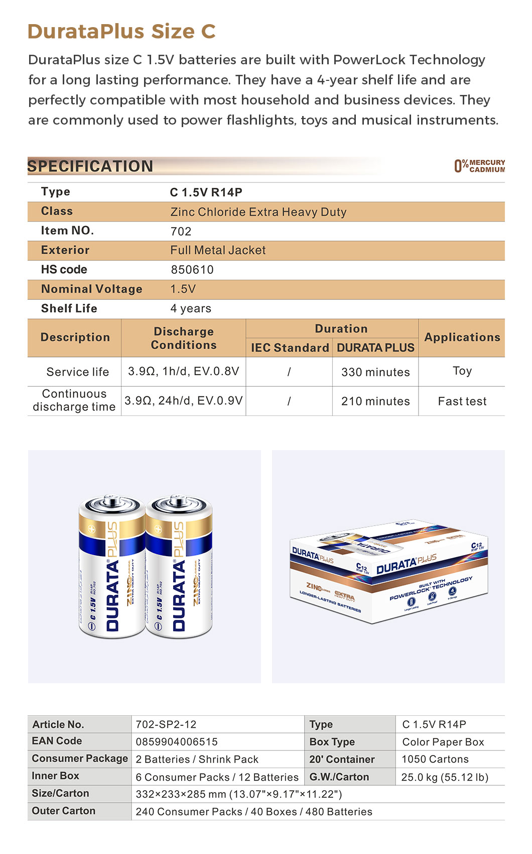 Technical specification chart for C-size battery