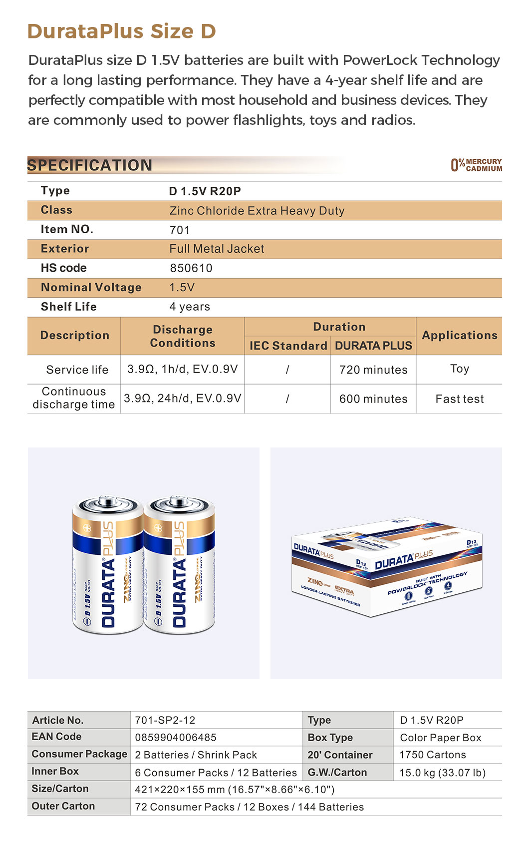 Technical specification sheet for D size battery