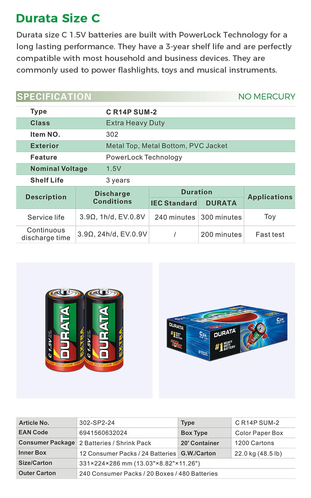 Technical specifications chart for C-size battery