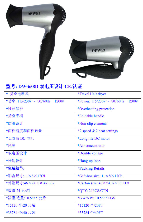 Dual Voltage Travel Hair Dryer with Foldable Handle