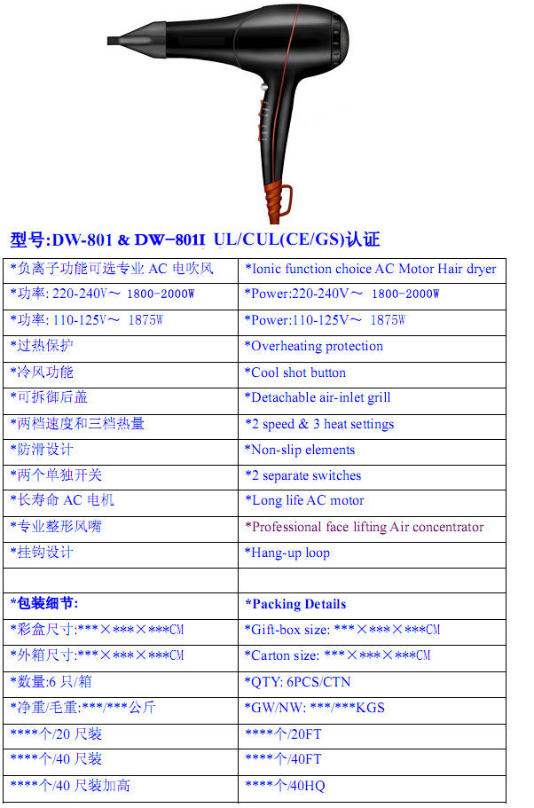 AC Motor Hair Dryer with Ionic Function