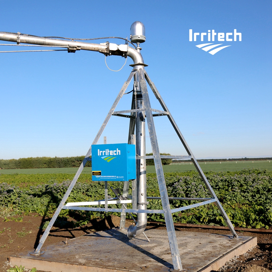 Wide shot of center pivot irrigation system in a field
