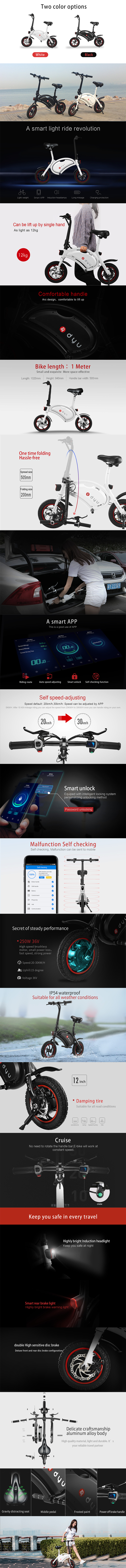 Infographic showing the foldable design and smart features of the electric bike