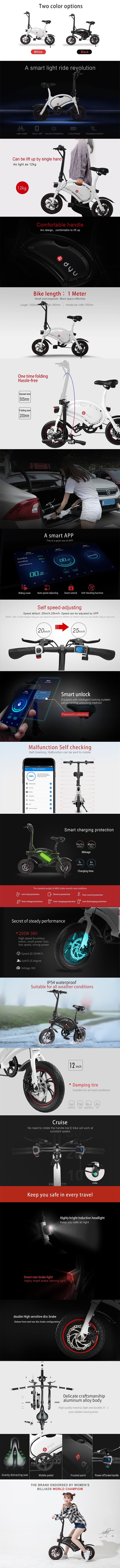 Infographic showing the foldable smart electric bike features including app connectivity, motor power, and portability.
