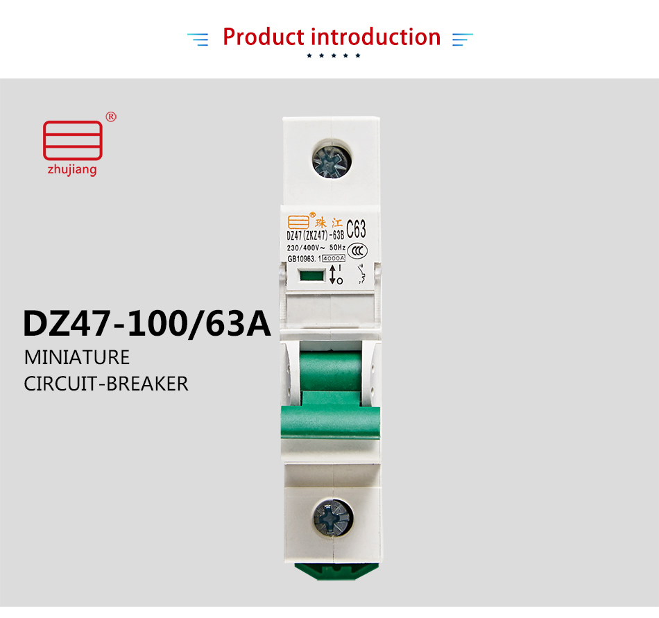 Technical diagram and specifications of the DZ47-63 miniature circuit breaker