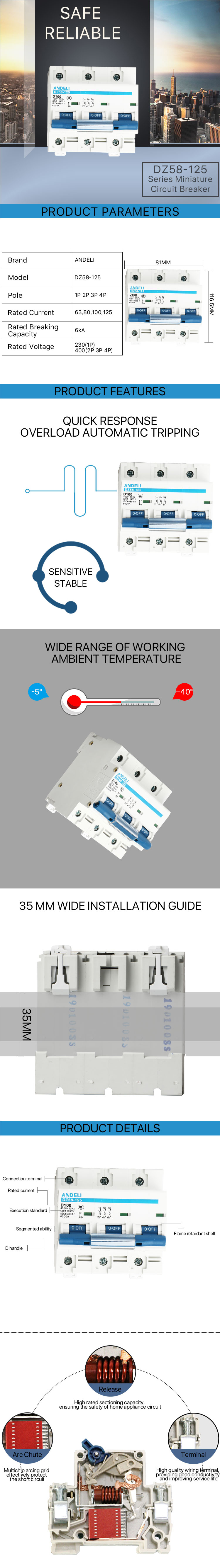 Technical diagram and feature summary of the miniature circuit breaker
