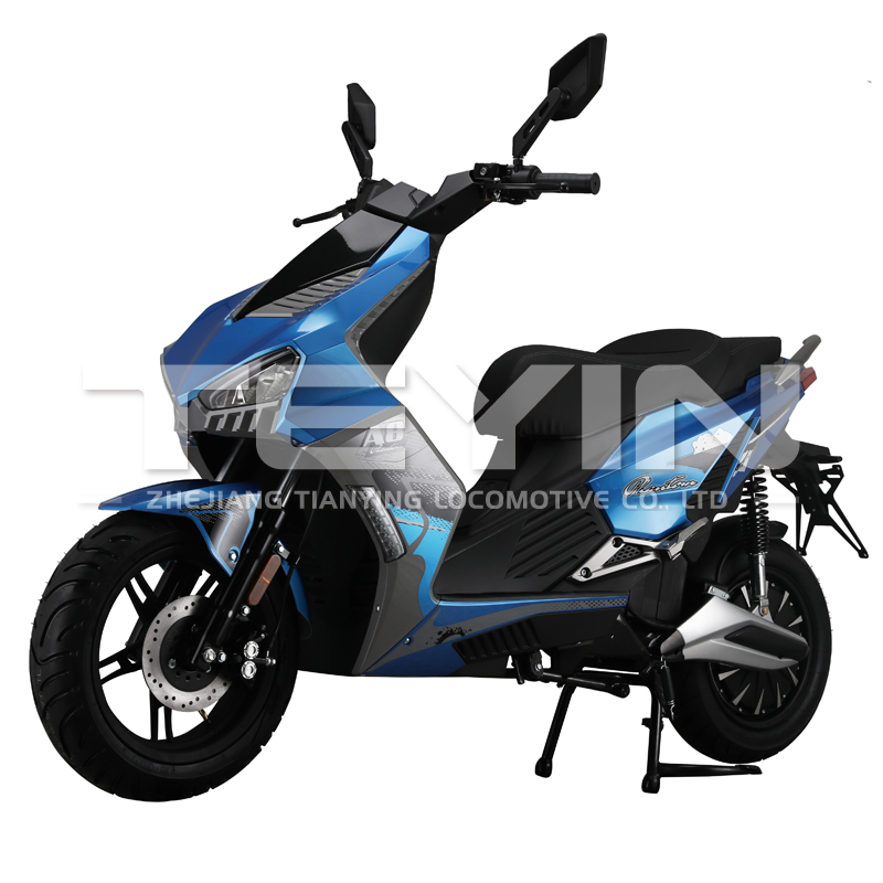 Front view of the E-A8 electric scooter featuring aerodynamic design and integrated lights