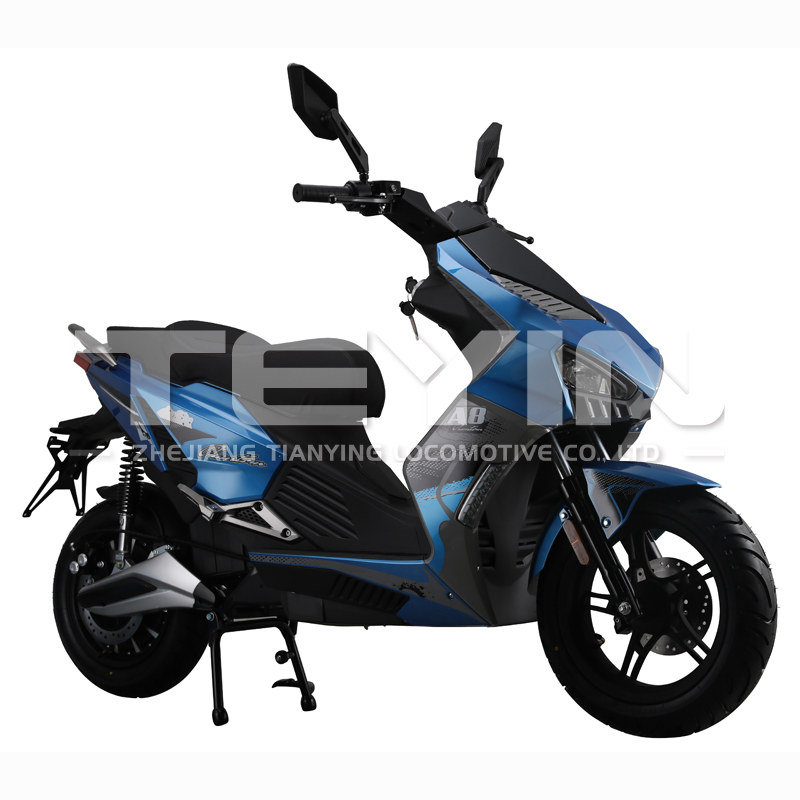 The E-A8 electric scooter parked, showcasing its blue finish and modern lines