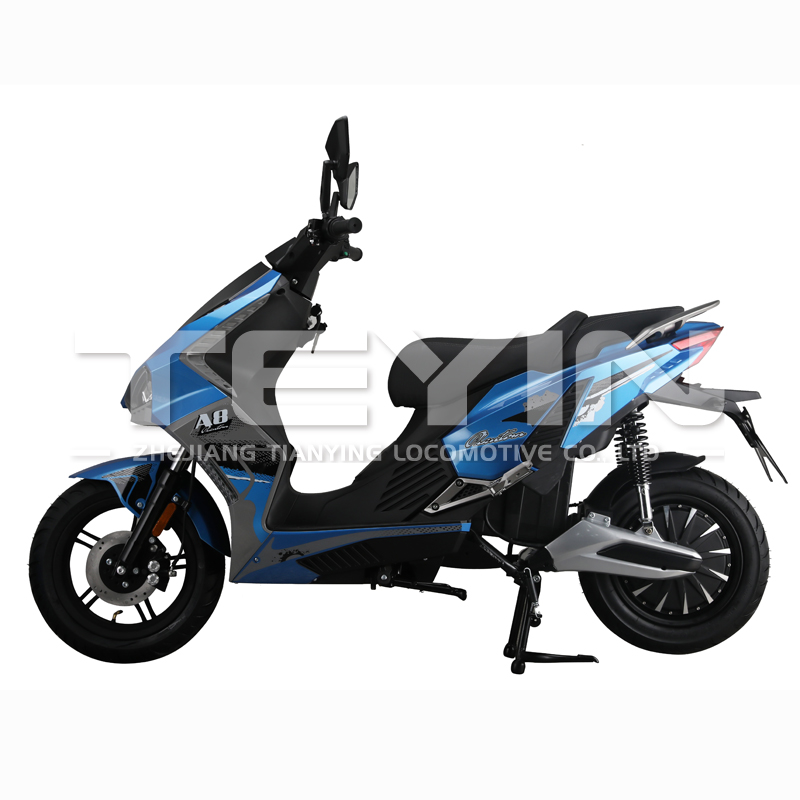 Close up of the E-A8 electric scooter showing the rear suspension and disc brake