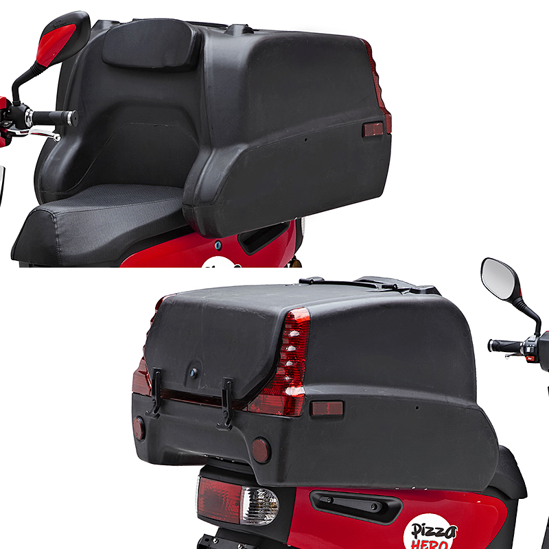 Rear view of the electric scooter showing the large insulated cargo box.