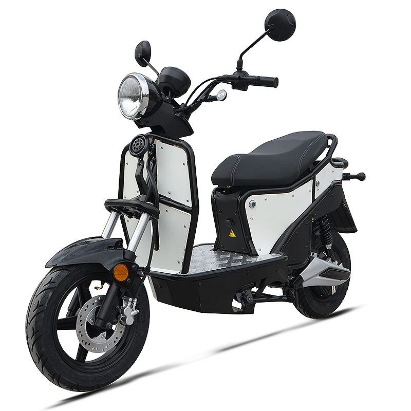 Three-quarter view of the electric scooter in white