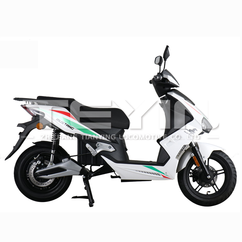 Side profile of the electric motorcycle showing the step-through frame and rear rack