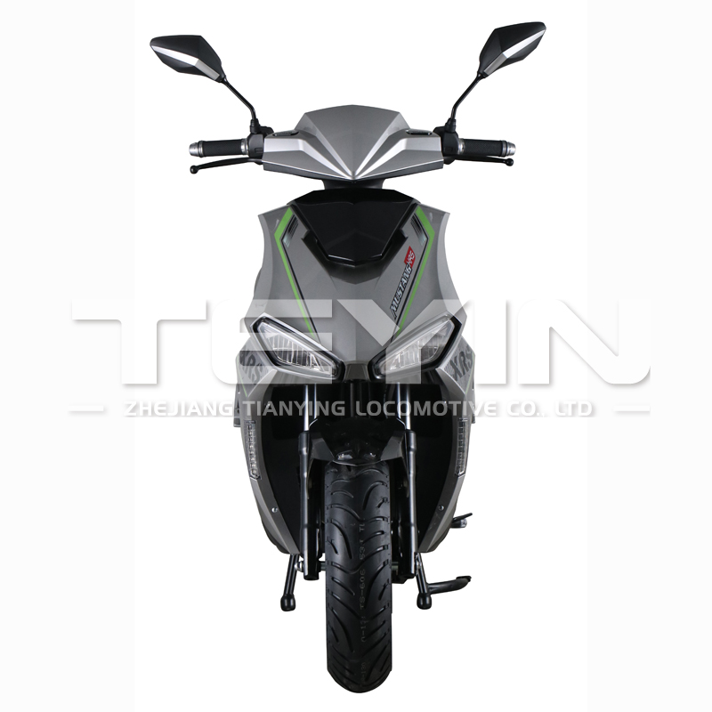 Front view of the electric motorcycle showing headlights