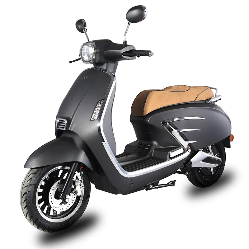 Front left 45-degree view of the black electric scooter