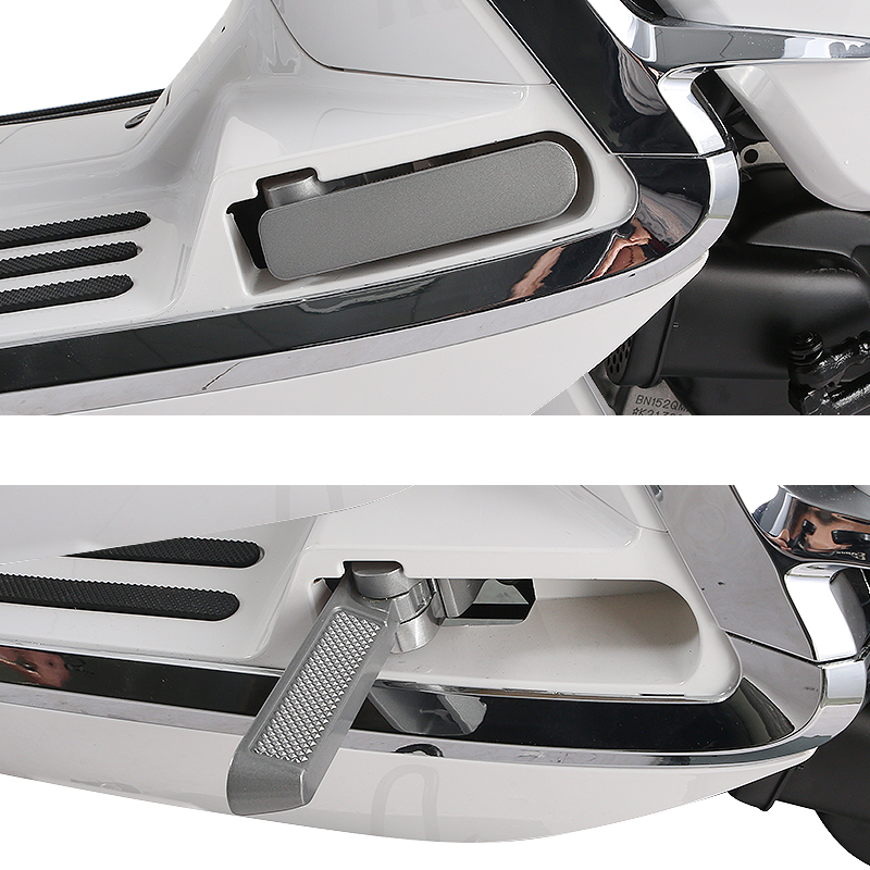 Close up of the retractable metal footrest