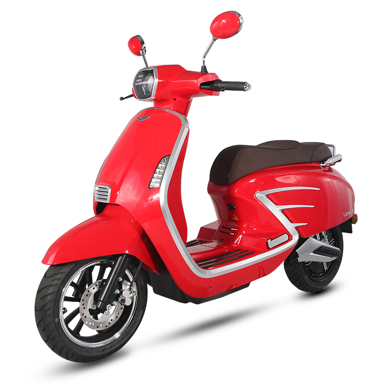 Front left 45-degree view of the bright red electric scooter