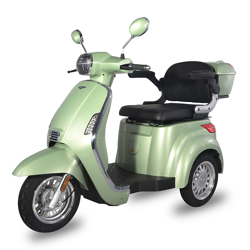 Side profile of the electric tricycle showing the step-through frame and storage box