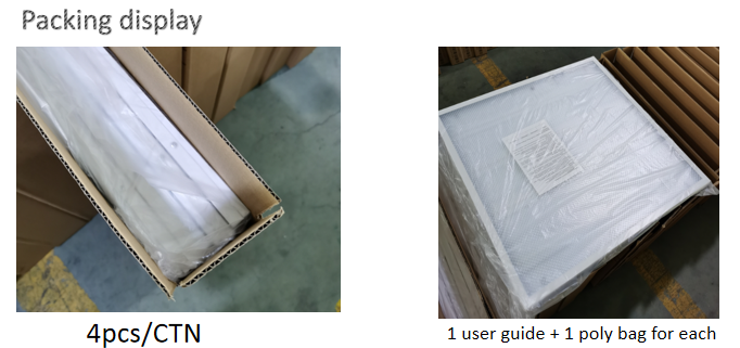 Packaging display showing 4 units per carton with user guides and poly bags