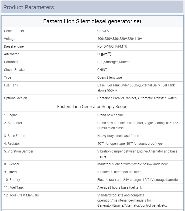 Detailed technical specifications table for the diesel generator set