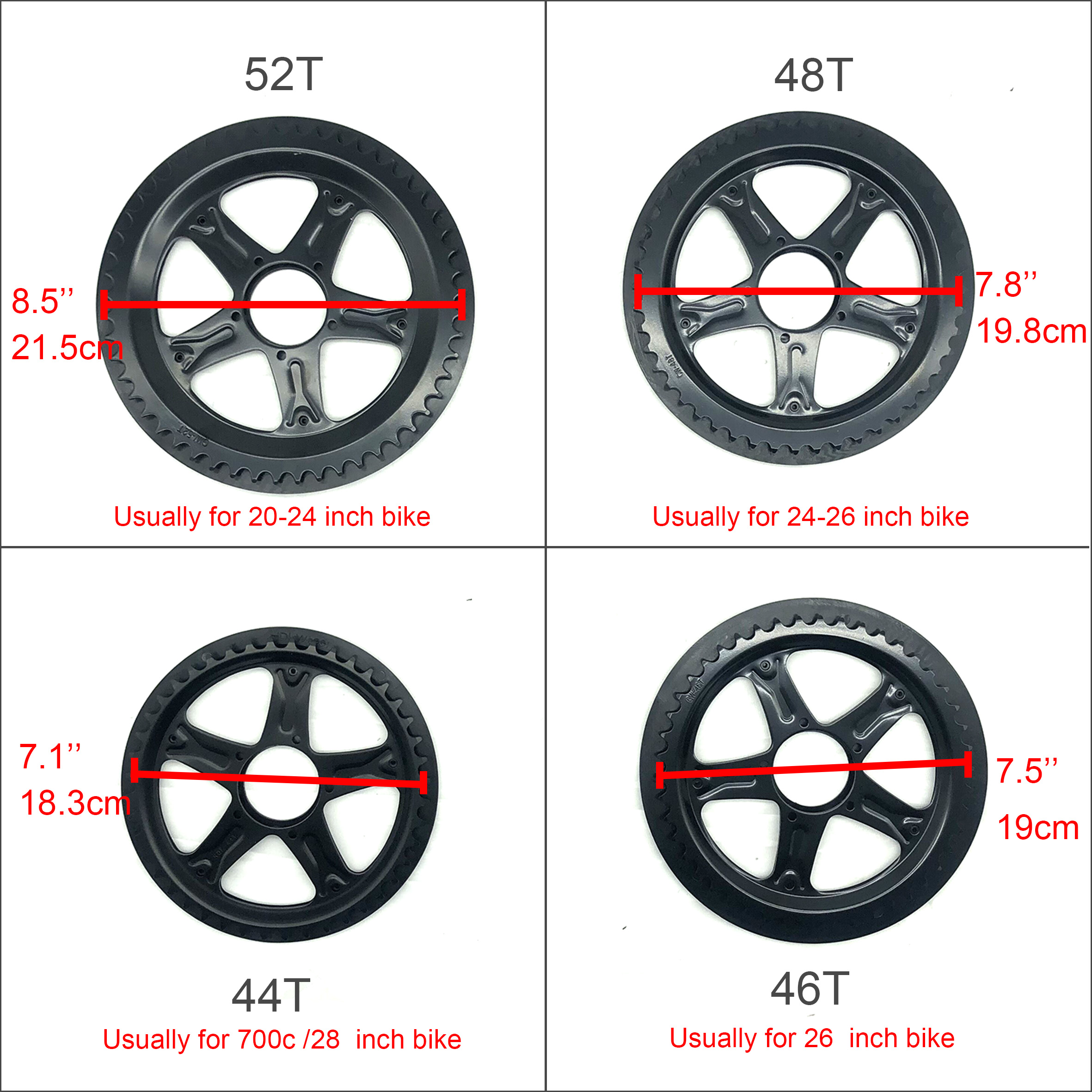 Different sizes of bicycle chainrings ranging from 44T to 52T