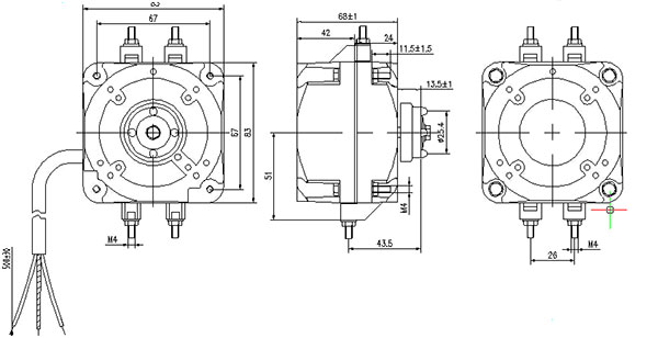 Technical diagram showing motor dimensions, mounting points, and wiring specifications