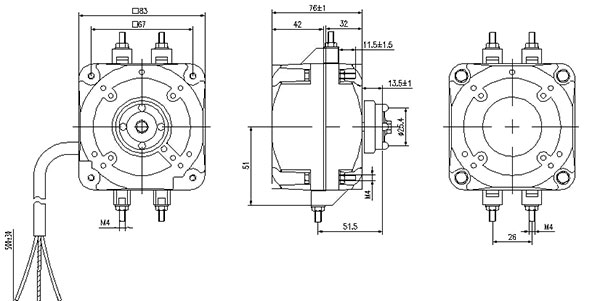Technical diagram showing dimensions of the ECQ20 motor including mounting points and shaft diameter.