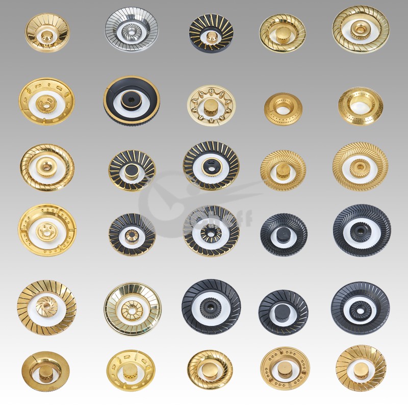 Close-up of brass burner caps