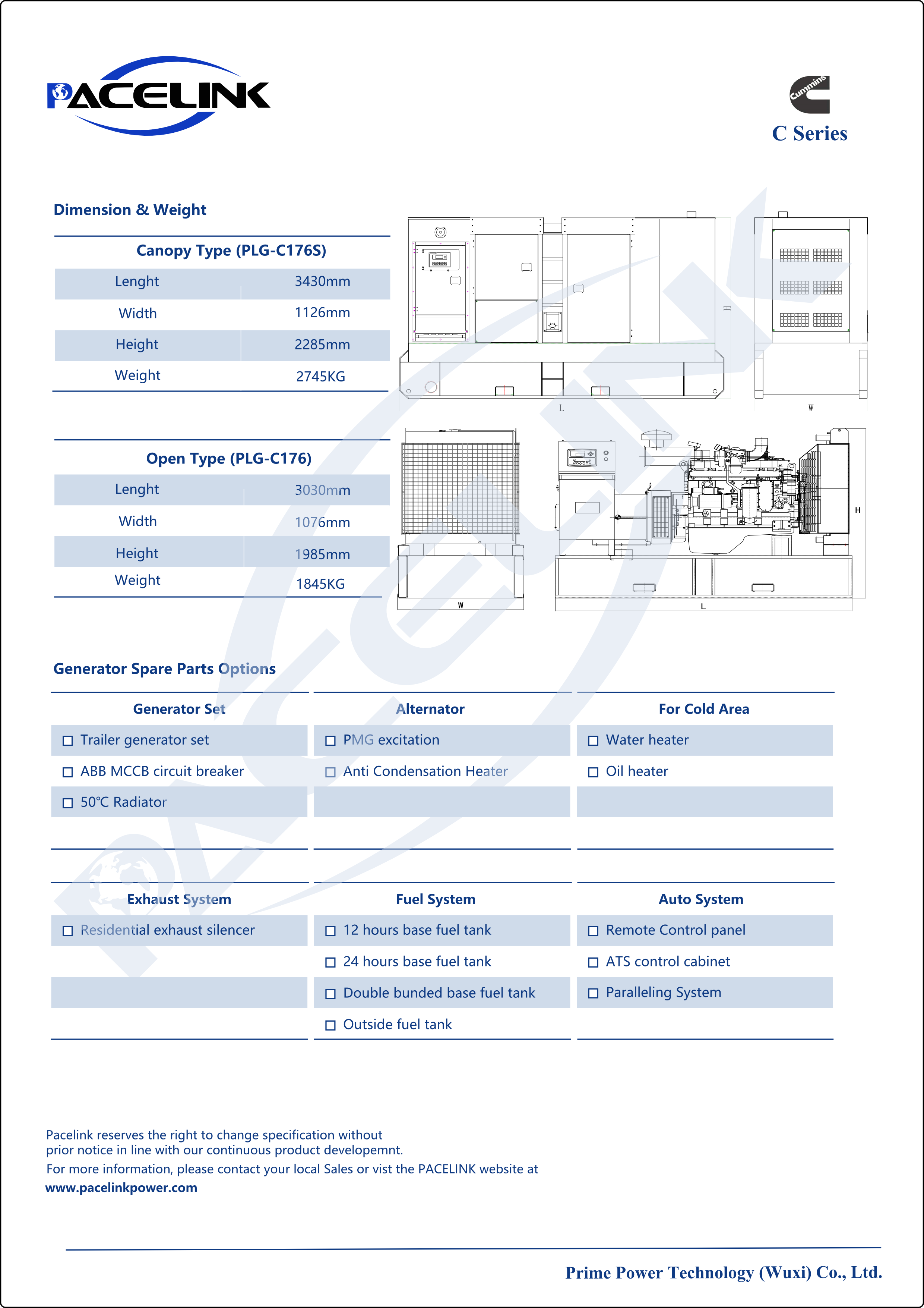 Diagram showing dimensions for canopy and open type generator sets