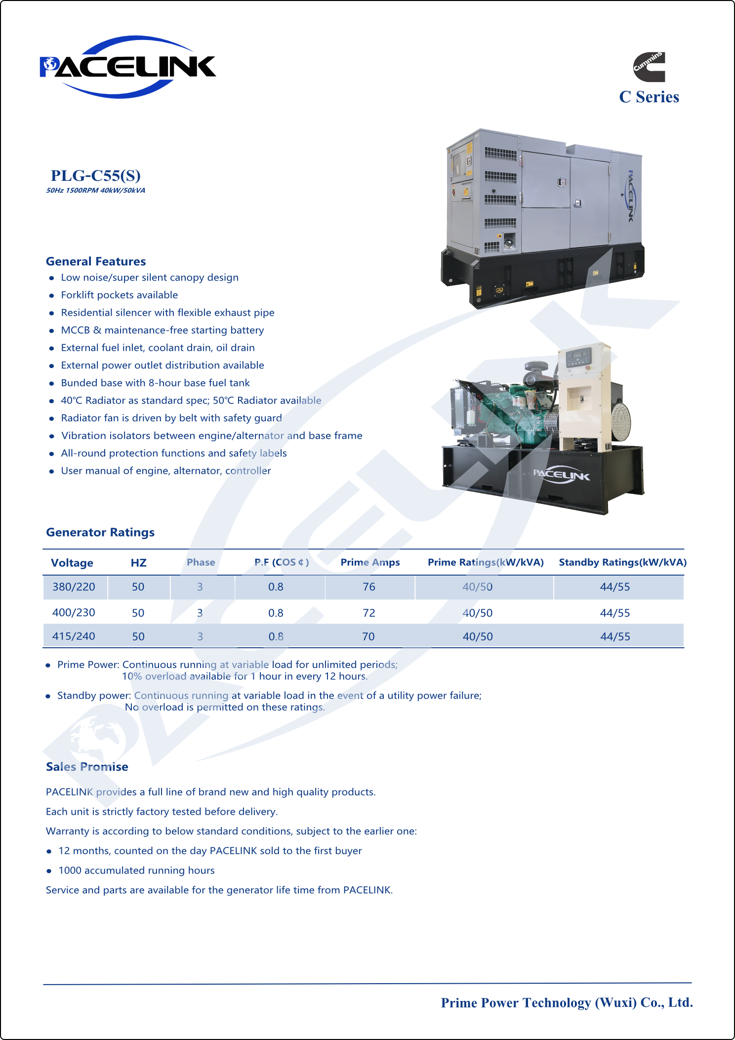 Diesel generator set general features and ratings table