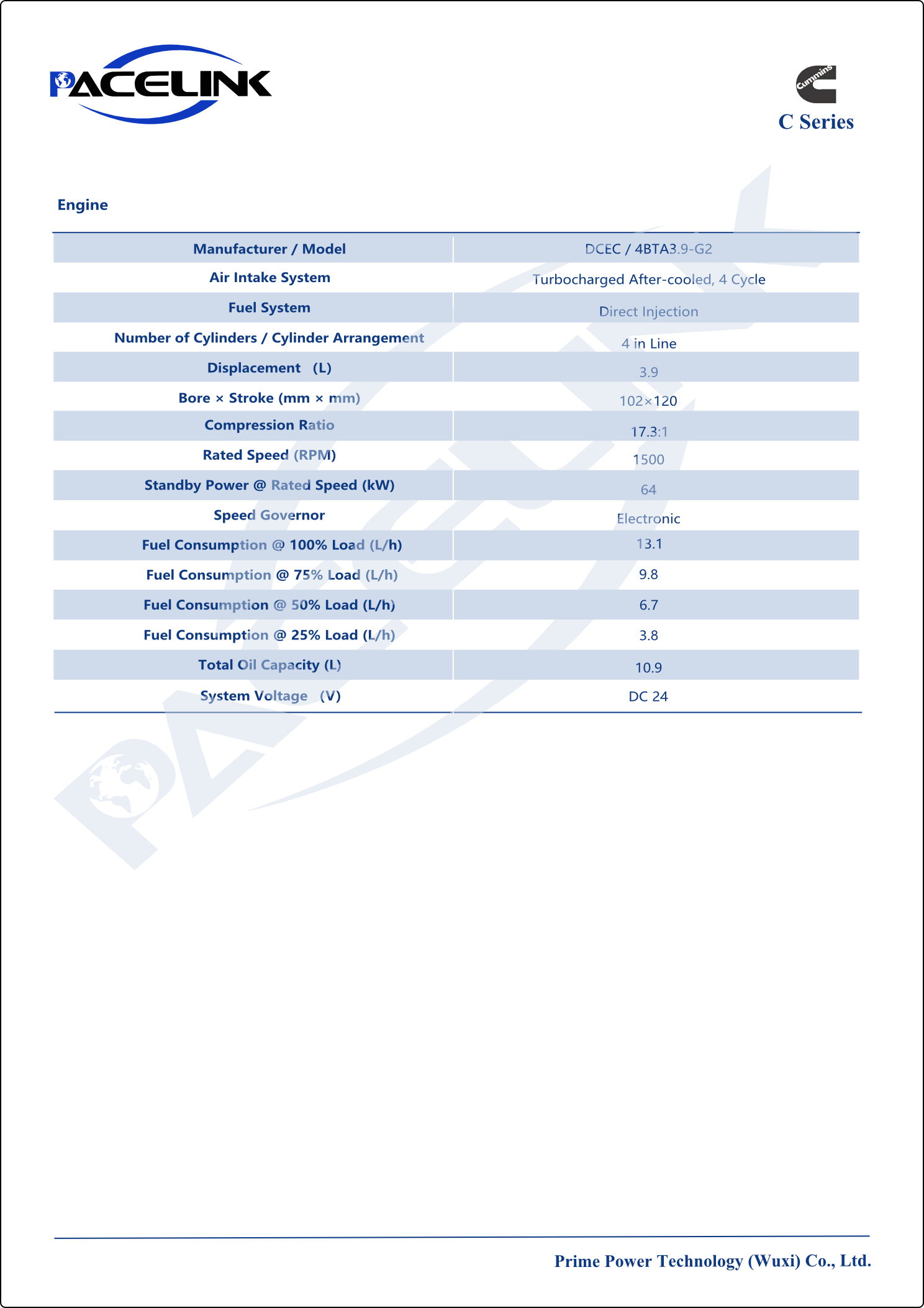 Engine specifications for diesel generator
