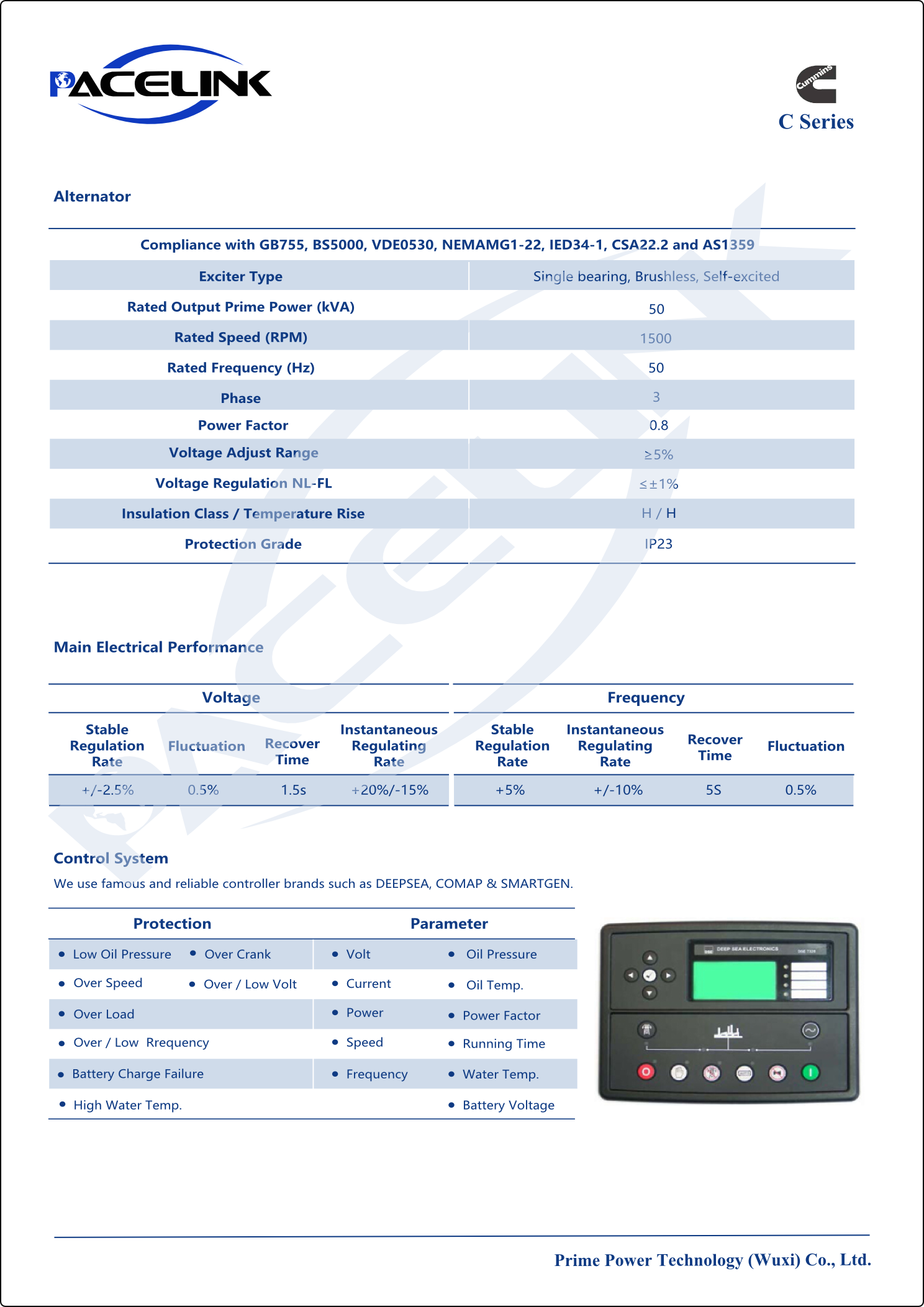 Alternator technical specifications and control system