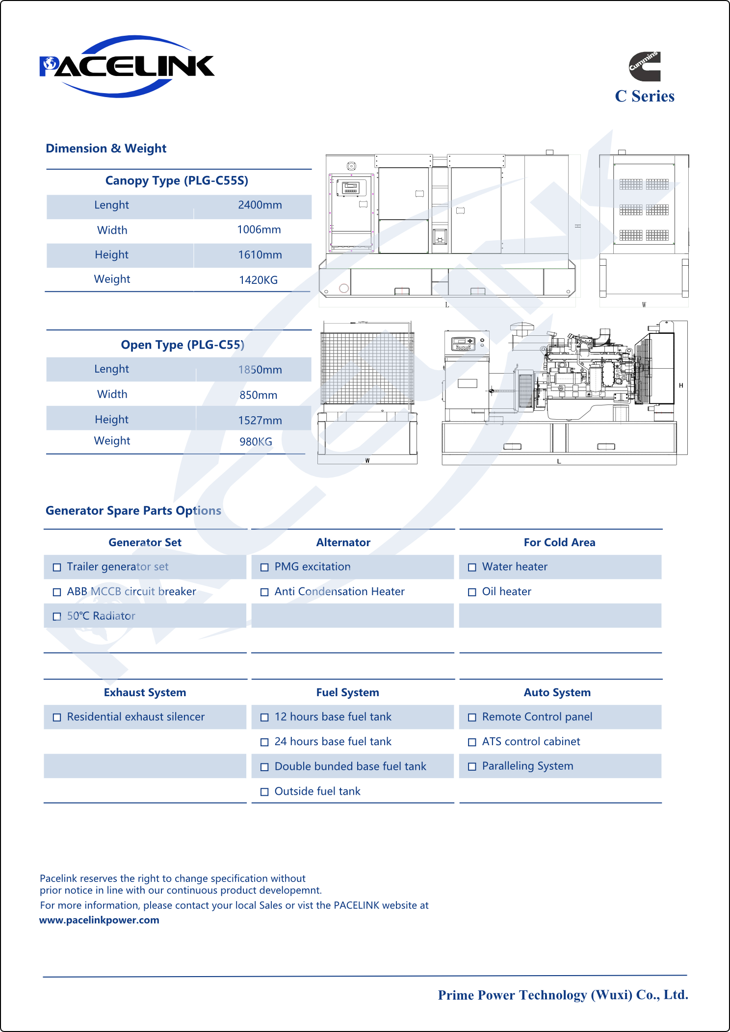 Generator dimensions and weight chart