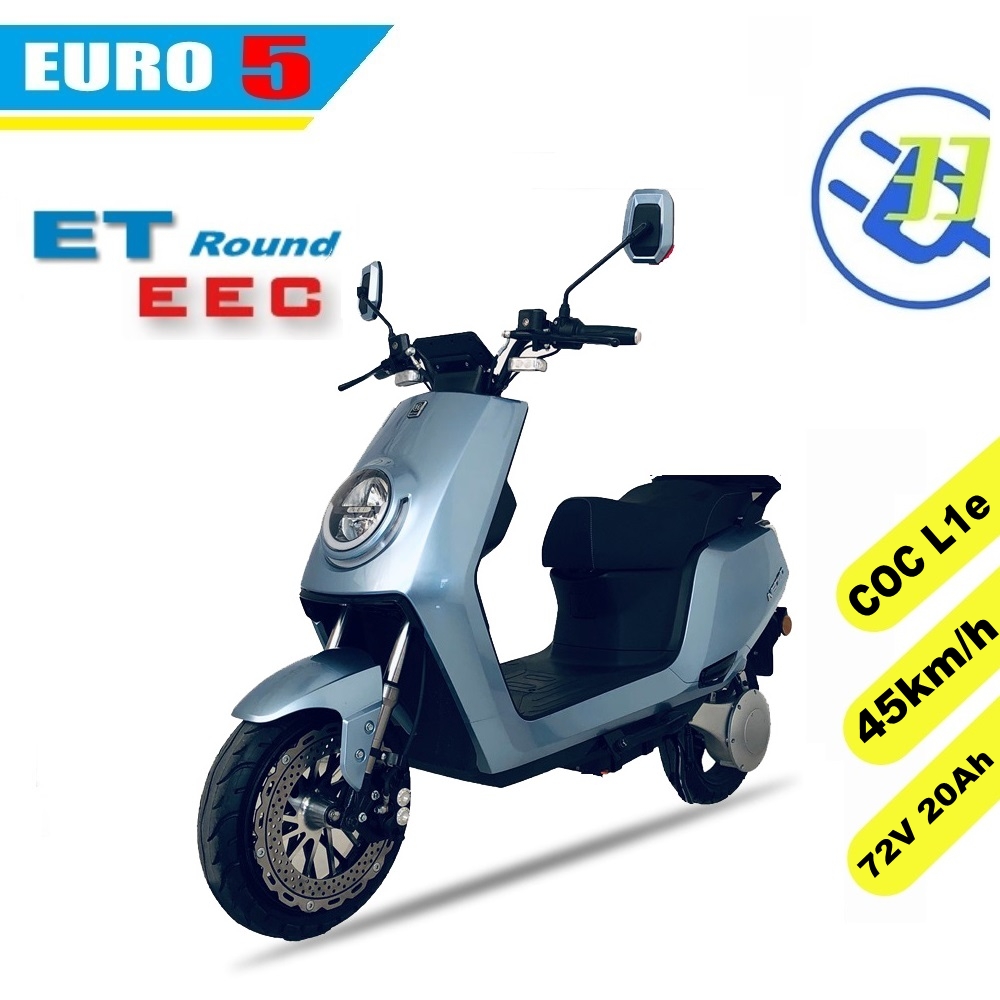 Front view of the scooter showing the circular headlight