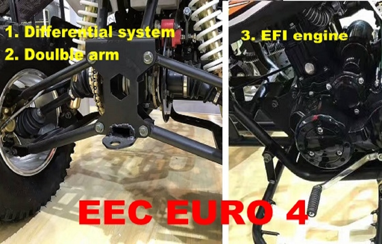 Close up of ATV technical components including differential and suspension