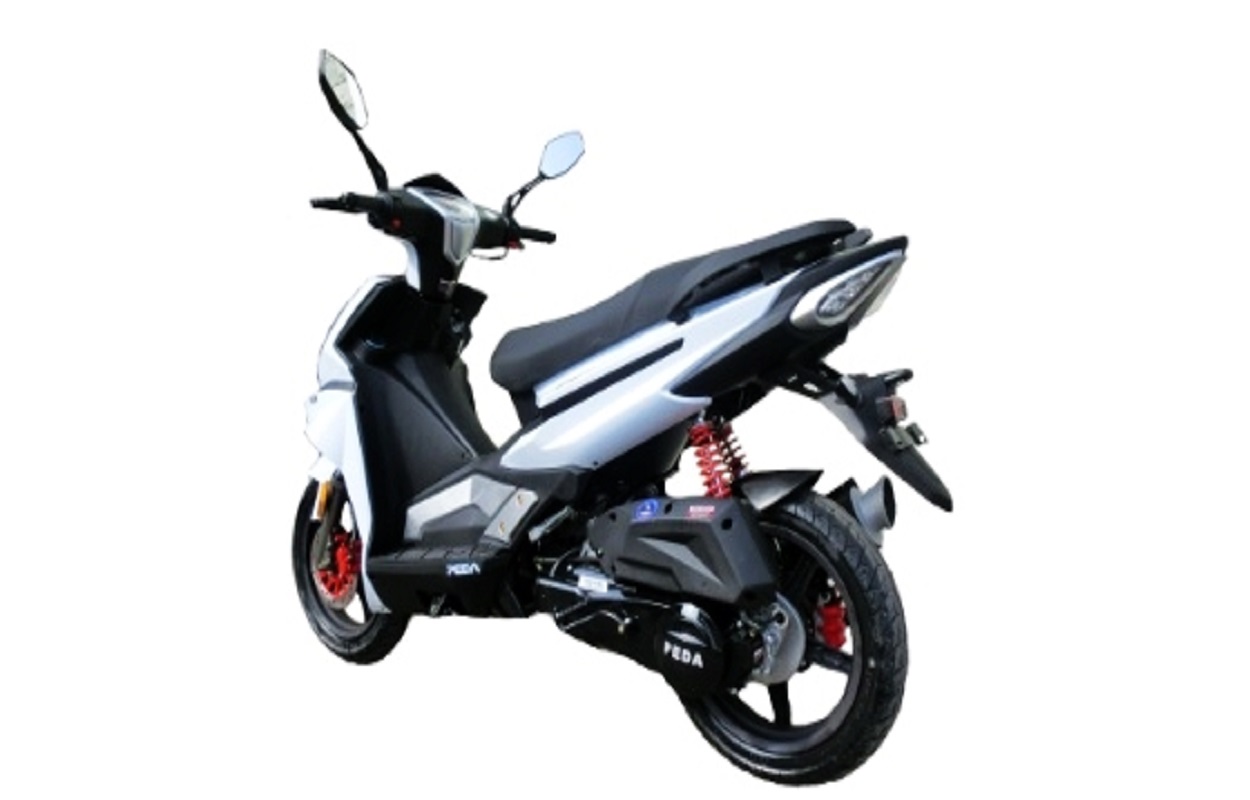Rear view of the scooter highlighting suspension and exhaust