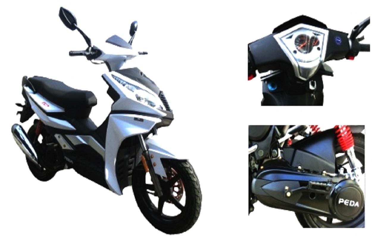 Front view of the scooter showing headlight and instrument panel