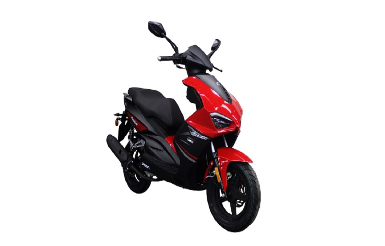 Front view of the scooter showing LED lighting and digital panel