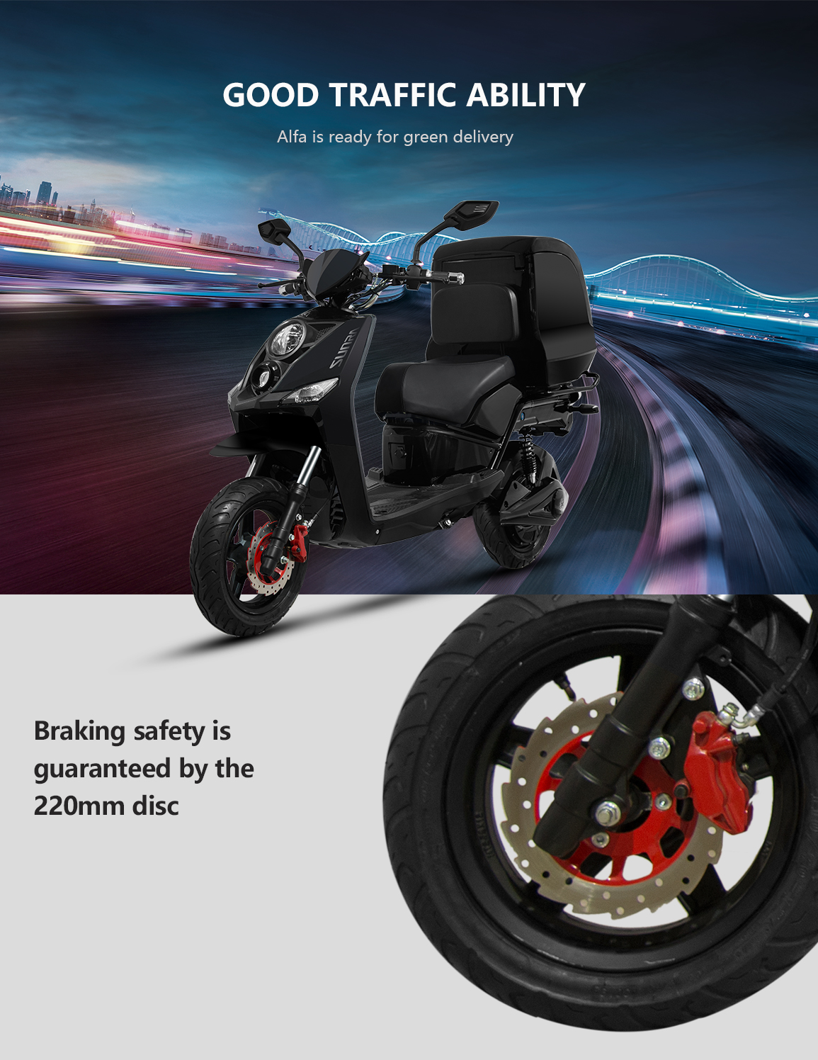 Close up of 220mm disc brake system