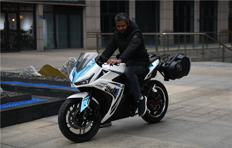Rear view of electric motorcycle with storage