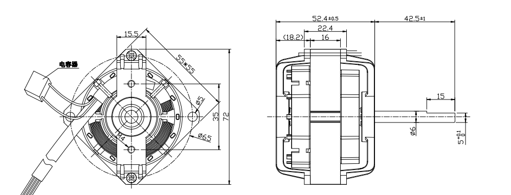 Technical diagram showing the EF55 series capacitor motor dimensions, including shaft length, mounting hole positions, and overall body width.