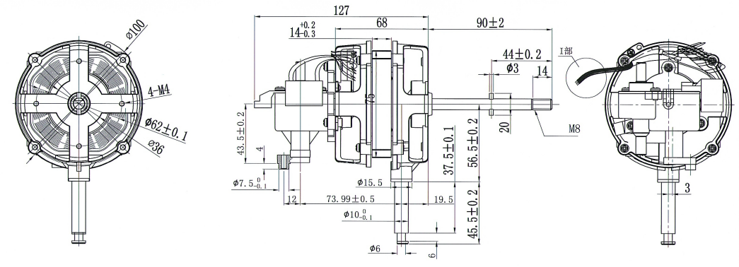 Technical drawing of EF75/78 series capacitor motor showing dimensions